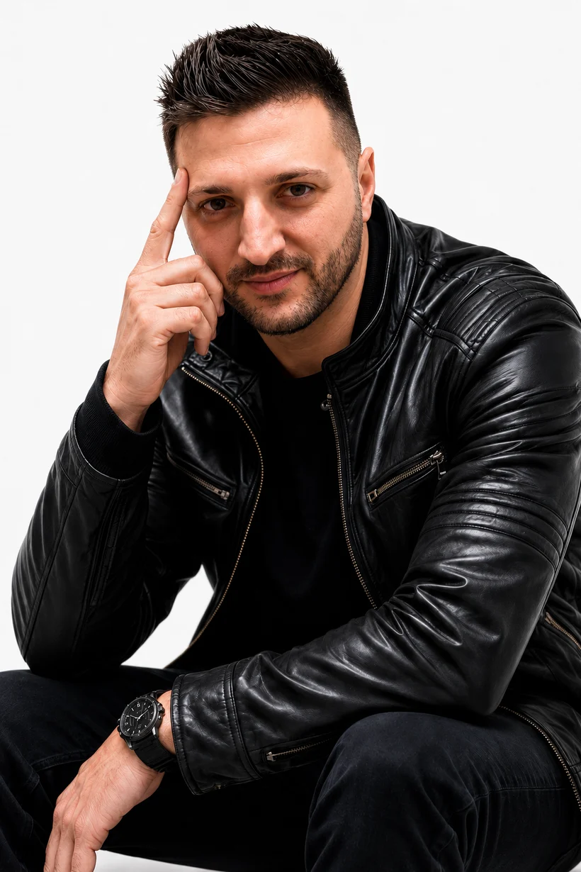 Antonio Pacino, Inhaber von Infinityware, auf einem Hocker