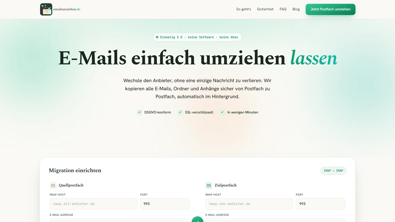 Startseite von emailumziehen.de am Desktop mit dem Migrations-Formular