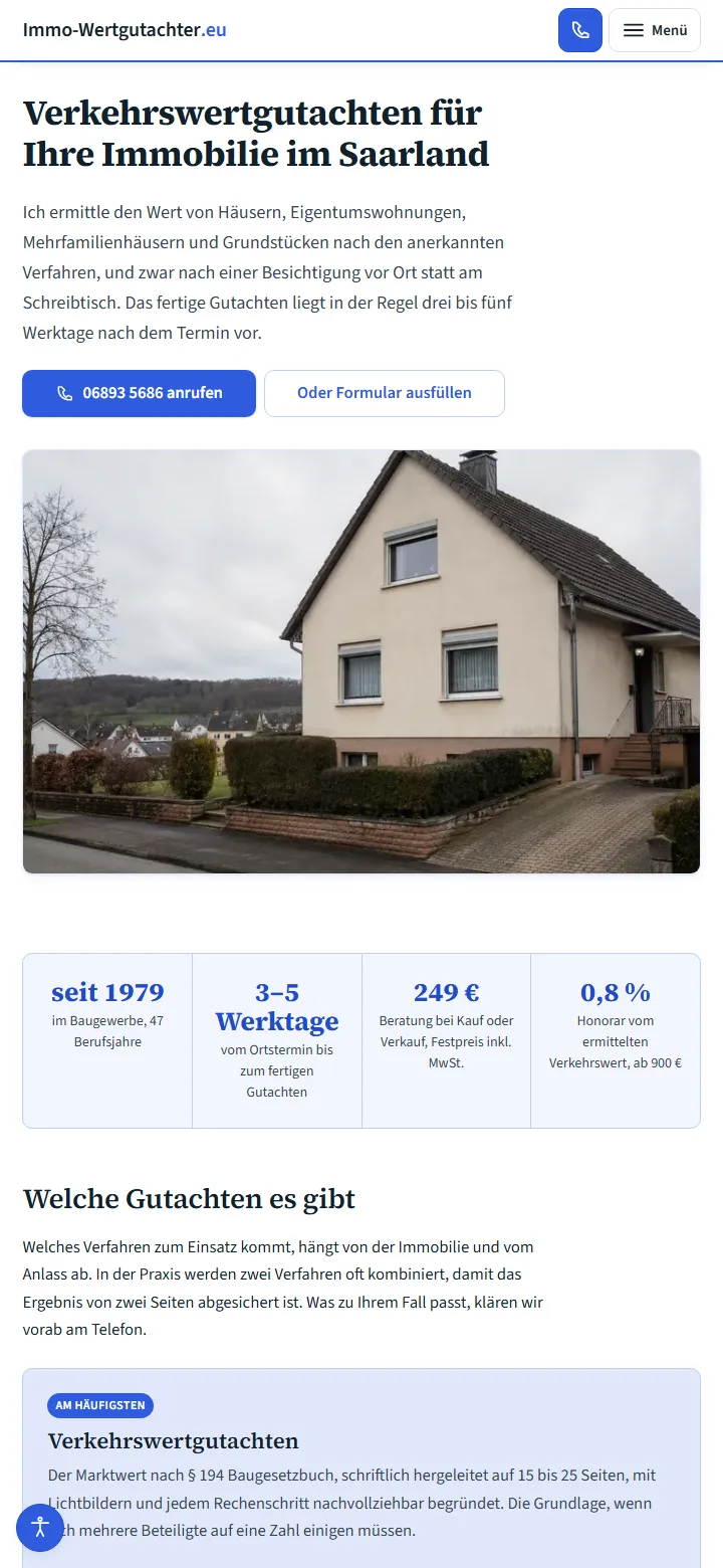 Mobile Ansicht der Startseite von immo-wertgutachter.eu