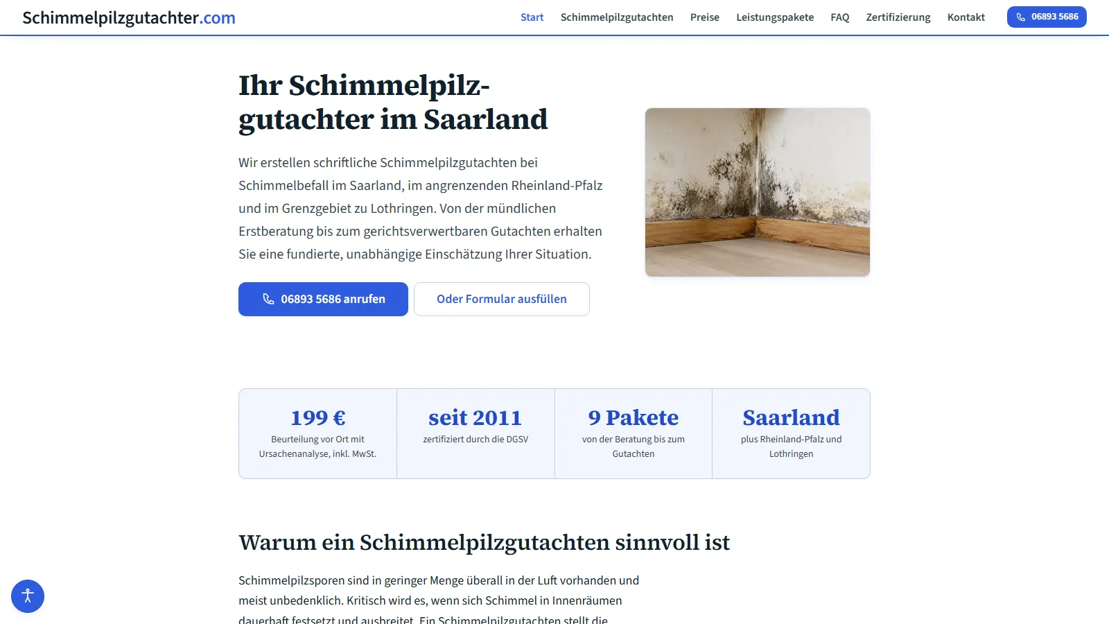Startseite von schimmelpilzgutachter.com am Desktop