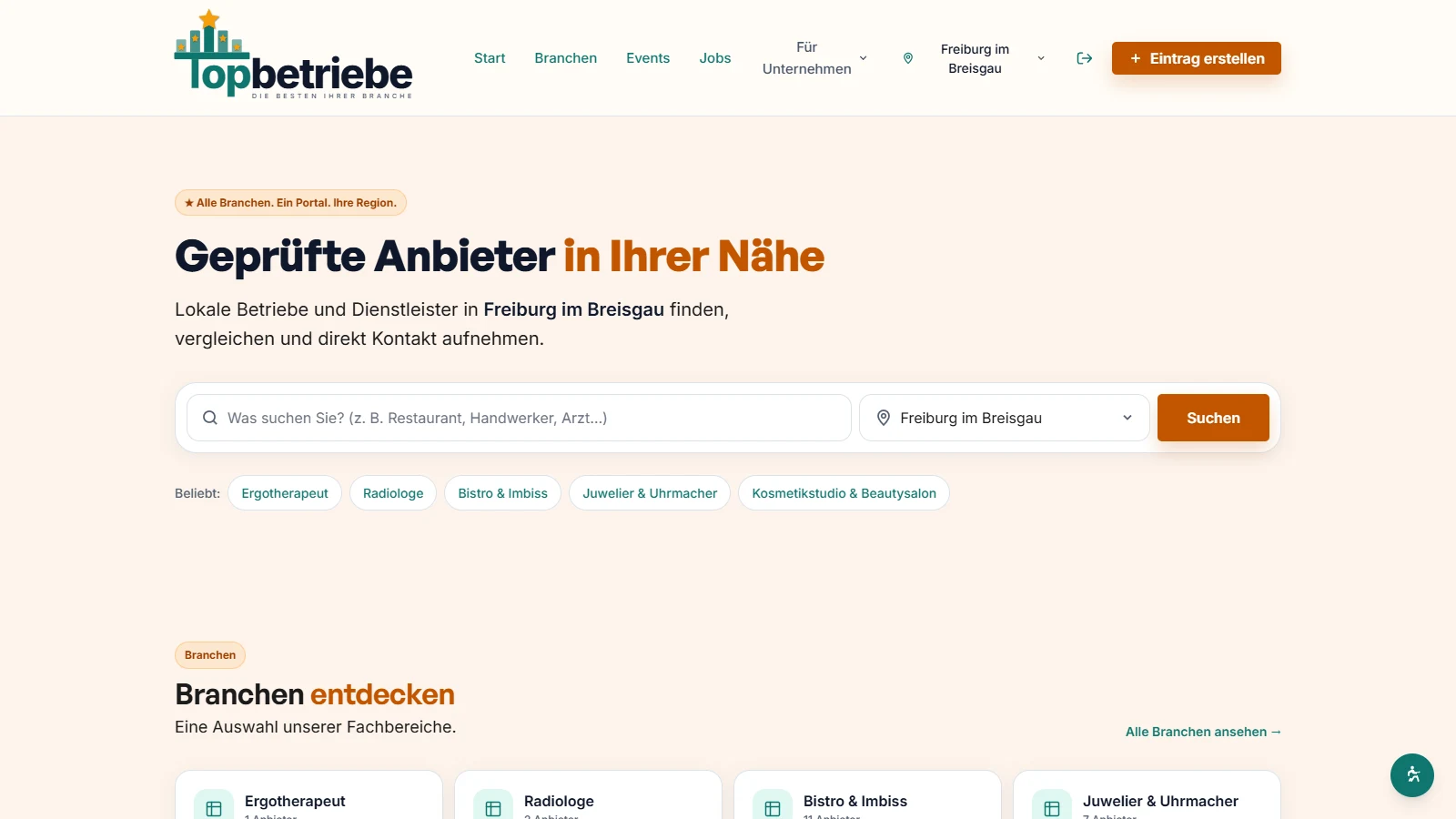Startseite von Topbetriebe.de am Desktop mit der Anbieter-Suche