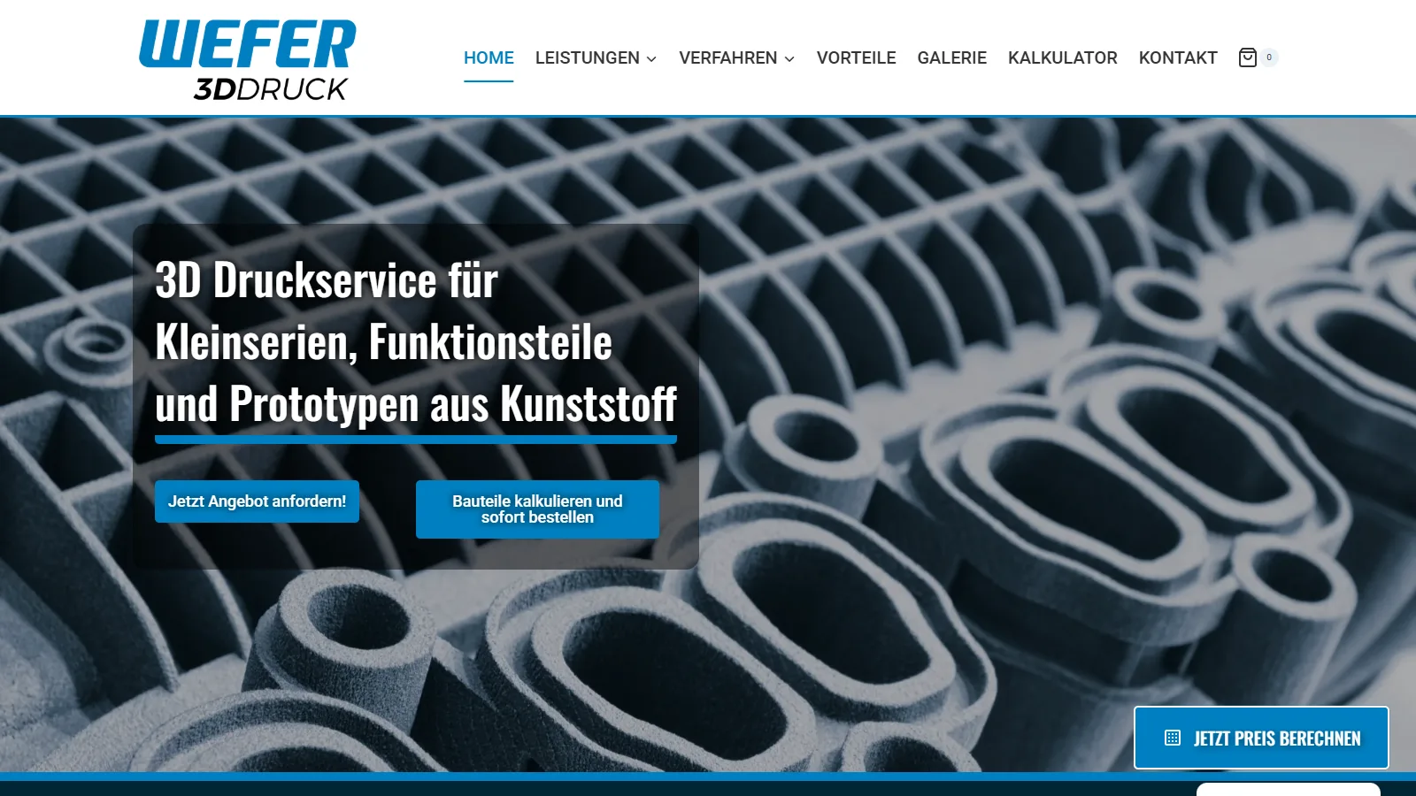 Startseite von wefer3d.com am Desktop mit dem 3D-Druckservice und dem Webshop